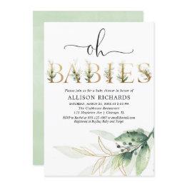 Small Twins Triplets Gender Neutral Greenery Baby Shower Invitation Front View