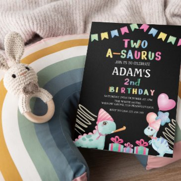 two-a-saurus 2nd birthday black party dinosaur invitation
