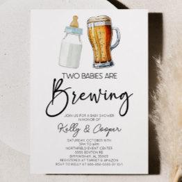Small Two Babies Are Brewing Bottle Beer Baby Shower Invitation Front View