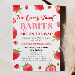 Small Two Berry Sweet Babies Strawberry Twin Baby Shower Invitation Front View