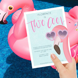 Small Two Cool | Tropical Summer Flamingo Birthday Invitation Front View