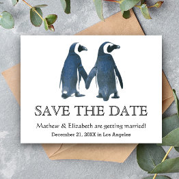 Small Two Cute Penguins | Romantic Wedding Save The Date Announcement Postinvitations Front View
