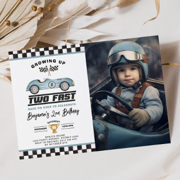 two fast boy 2nd birthday race car party photo invitation