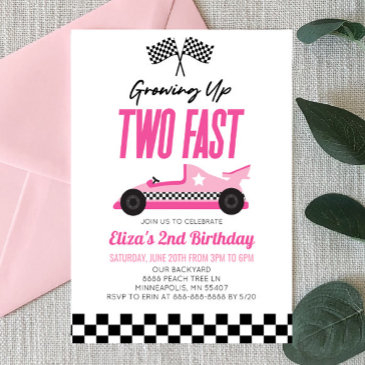 two fast pink race car 2nd birthday party invitation