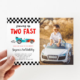 Small Two Fast Race Car Boy 2nd Birthday Party Photo Invitation Front View