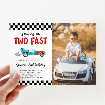 two fast race car boy 2nd birthday party photo invitation