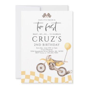 two fast yellow dirt bike boy 2nd birthday party invitation
