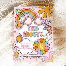 Small Two Groovy 70s Flower Power Rainbow Birthday Party Invitation Front View