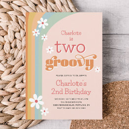 Small Two Groovy Retro Daisies Girl's 2nd Birthday Invitation Front View