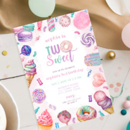 Small Two Sweet Candy Second Birthday Invitation Front View