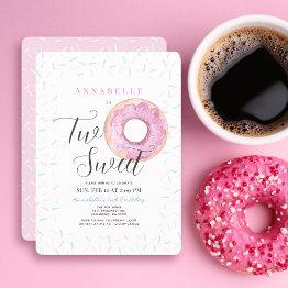 Small Two Sweet Pink Donut Girl 2nd Birthday Invitation Front View