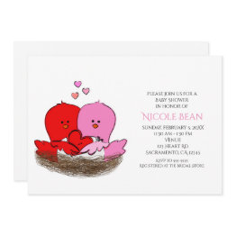 Small Two Valentine's Birds Baby Shower Invitations Front View