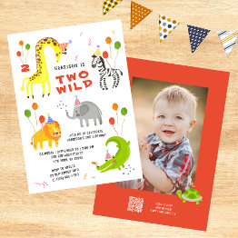 Small Two Wild 2nd Birthday Safari Animals Cute Photo Invitation Front View