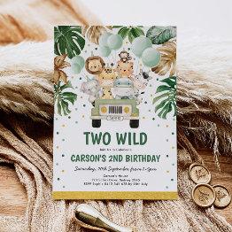 Small Two Wild Safari Jungle Animals 2nd Birthday Invitation Front View