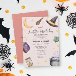 Small Two Witches Brewing Girl Halloween Baby Shower Invitation Front View