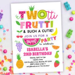 Small Twotti Frutti Tropical Fruit Summer 2nd Birthday Invitation Front View