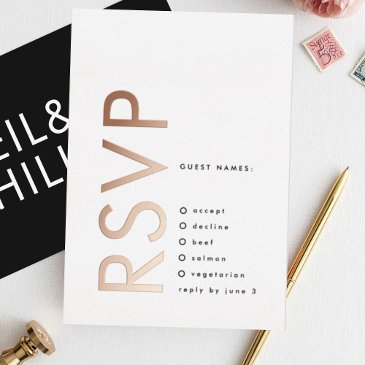 ultra modern bold names 2 x rsvp rose gold foil invitation