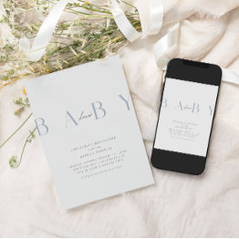 Small Ultra-modern Minimal Dusty Blue Baby Shower Invitation Front View