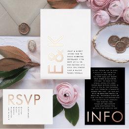 Small Ultra Modern Monogram Wedding Real Rose Gold Foil Invitation Front View