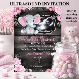 Small Ultrasound Pink Elephant Baby Shower Invitation Front View