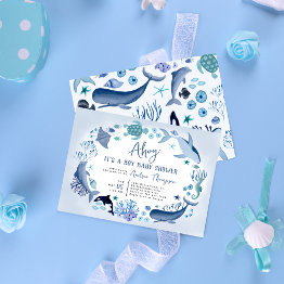 Small Under The Sea Blue Ahoy It's A Boy Baby Shower Invitation Front View