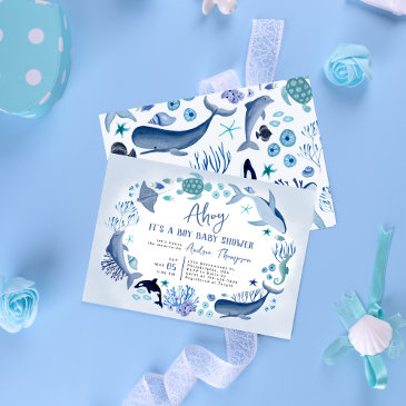 under the sea blue ahoy it's a boy baby shower invitation