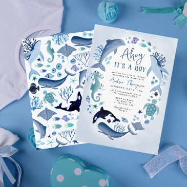 under the sea blue ahoy it's a boy baby shower invitation