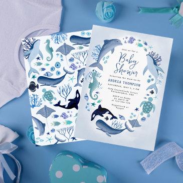 under the sea blue watercolor baby shower for boys invitation