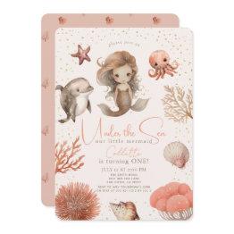 Small Under The Sea Mermaid Sea Pink Girl 1st Birthday Invitation Front View