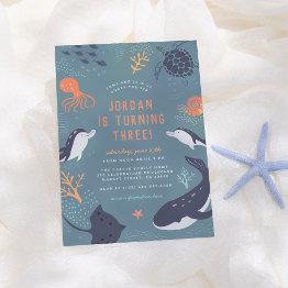 Small Under The Sea | Ocean Animals Boys Birthday Party Invitation Front View