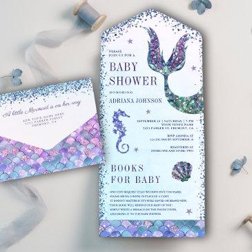 under the sea purple mermaid baby shower all in one invitation