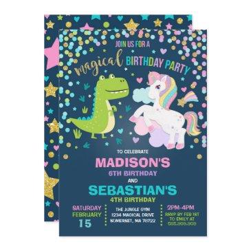 unicorn and dinosaur birthday invitation siblings