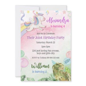 unicorn and dinosaur joint sibling birthday party invitation