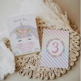 Small Unicorn Birthday Thank You Invitations, Unicorn Party Front View