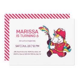 Small Unicorn Firefighter Cartoon Kids Birthday Invitation Front View