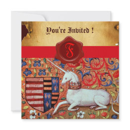Small Unicorn Floral Parchment Red Wax Seal Monogram Invitation Front View