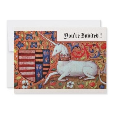unicorn medieval fantasy flowers,red white floral invitation