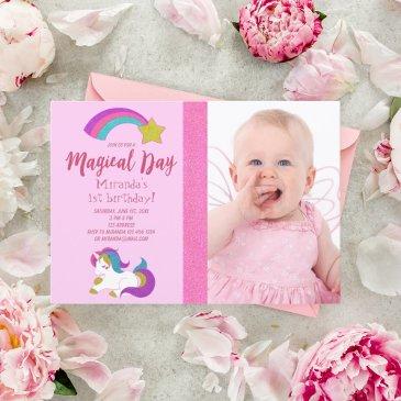 unicorn photo pink girl birthday party invitation