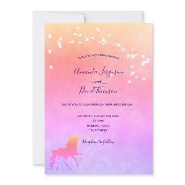 unicorn rainbow colored purple pink golden wedding invitation