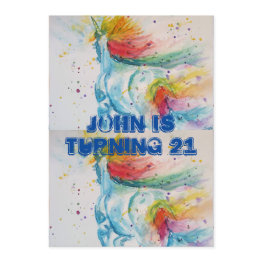 Small Unicorn Watercolour Mans 21st Birthday Invitation Front View