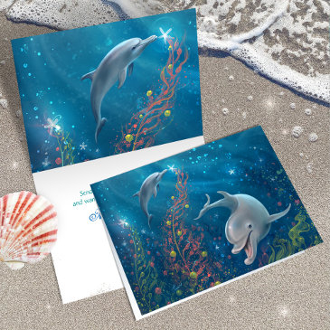 unique dolphin art merry christmas magical holiday invitations