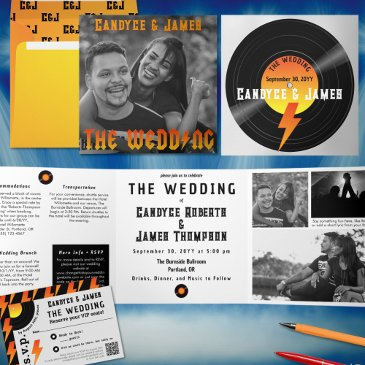 unique metal music album cover b&w photo wedding tri-fold invitation