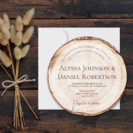 Small Unique Rustic Wedding Wood Cut Slice Tree Bark Invitation Front View