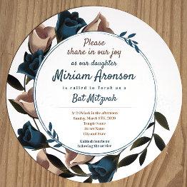 Small Unique Teal Beige Roses Bat Mitzvah Invitation Front View