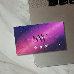 Small Universe Pink Dark Blue Sparkling Jewels Monogram Business Invitations Front View