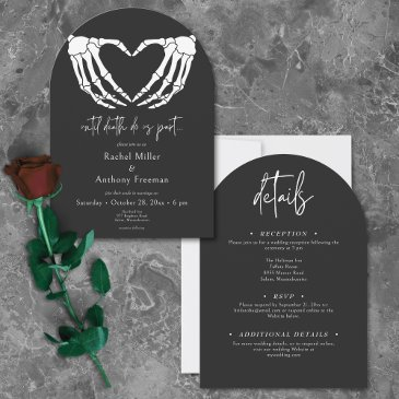 until death skeleton hands arch wedding two sided invitation