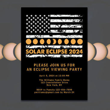 usa flag total solar eclipse 4/8/24 viewing party invitation