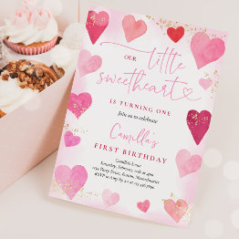 Small Valentine Sweetheart Pink Red Hearts 1st Birthday Invitation Front View