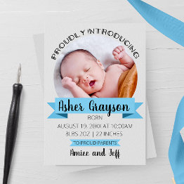 Small Vertical Proudly Introducing Birth Annoucement Announcement Front View