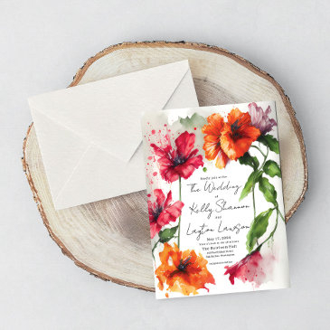 vibrant artistic red orange anemone floral wedding invitation